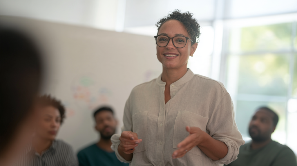 Formatrice animant une session de formation devant un groupe d'adultes
